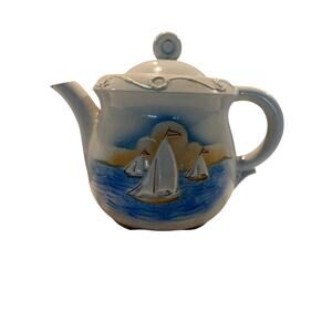Porcelier Vitreous Hand Decorated Sailboat Teapot